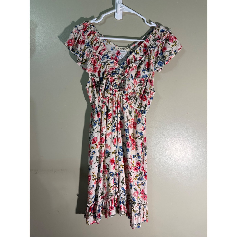 Liberty Love Floral Ruffle Mini Dress Cream Pink Blue V-Neck Size M CA 07043‎